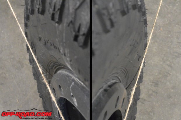 This is what you should see on a properly aligned axle. The twine touches the front and backside of the tires on each side of your vehicle. Dont let the side biters on your tire throw you off - use the smooth surface of the sidewall as your guide.