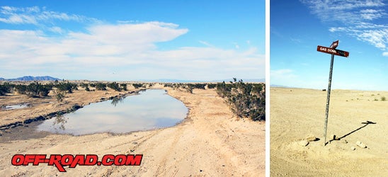 (Left) Rain fall is minimal in Ocotillo Wells, but when they do get rain it quickly finds voids in the floor and fills them. We encountered this massive water deposit on Coahuila trail only one day after a major storm in San Diego County. (Right) Trails are well marked in Ocotillo Wells SVRA. A system of dirt roads connects different parts of the park, leading to side trails, spurs and open play areas. Numerous mud hills, sandy washes and rocky desert terrain keep it interesting.