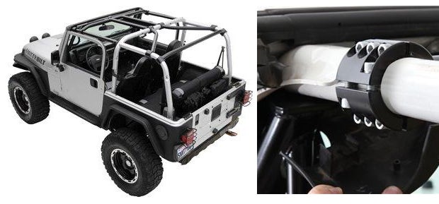 This Smittybilt photo shows off the full cage kit, which includes a crossbar above the tailgate, two diagonals over the rear seat, a front loop over the dash, and the center support above the center console. The kits bars are clamped to each other and the OEM bars (Photo: Smittybilt).