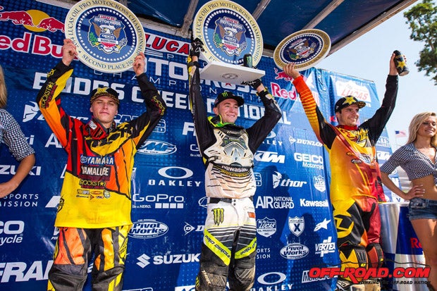 Blake Baggett (center) earned the win in the 250cc class, while class points leader Jeremy Martin finished (left), and rounding out the podium was Jason Anderson earning a hard-fought third place overall.