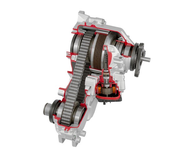 The worm gear on the electric motor of this chain driven transfer case allows for variable engagement of the front-wheel drive. In many cases the bias of power to the front can approach 100%. Photo Courtesy of Magna Powertrain