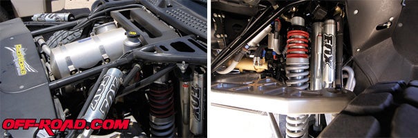 The chassis on this Raptor pre-runner is Cad-drawn, 3D modeled and laser cut to a Chromoly tig-welded metal.  Housed under the louvered hood is a Patton Racing 600 hp engine and Rancho drivetrain 4L80 Transmission that has been strategically placed further back to create a balanced 50/50 weight distribution for the truck. Stewarts Raceworks billet front control arms are matched with Fox 4.0 by-pass and 3.0 coil-overs that offer 26 inches of wheel travel.