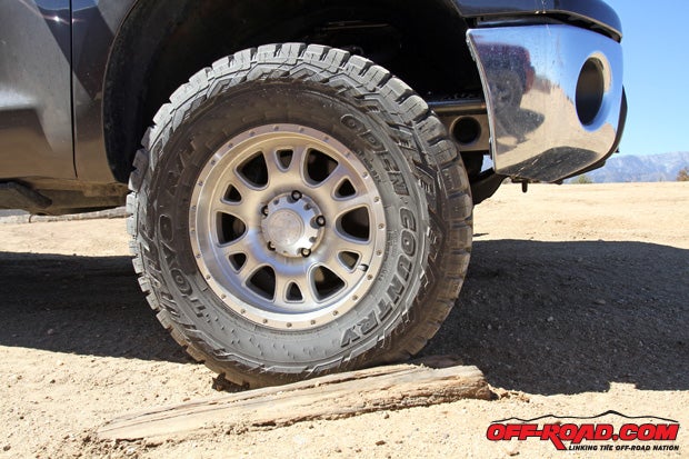 As shown: 18-inch Black Rhino Wheels with 6-inch backspace mounted with 35x12.5 R18 Toyo Open Country tires.