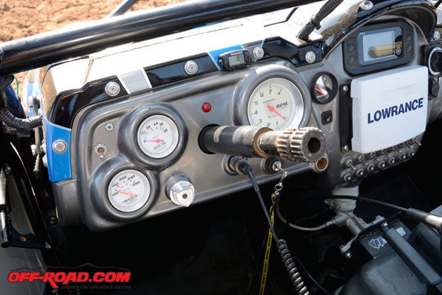 Meinzers dash looks like something straight out of a Class 1 buddy. Equus gauges, a Lowrance GPS and PCI Race Radio are all part of the mix.