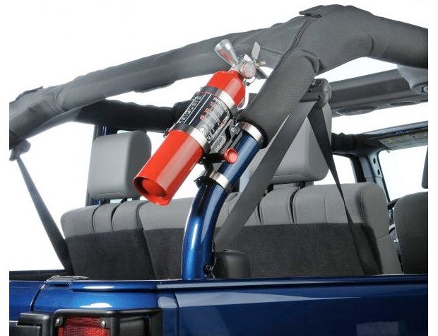 Since so many off-road adventures are far from any immediate help, a fire extinguisher should be considered standard gear in every rig. There are a number of storage and mounting options for off-road applications, such as this one from Drake Off Road.