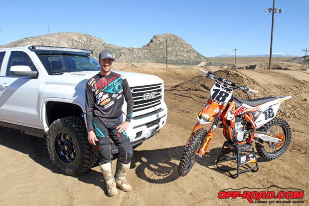 Supercross racer Davi Millsaps with his two rides: his SoCal SuperTrucks built 2015 GMC Sierra 2500 and his BTO Sports KTM 450 SX-F.
