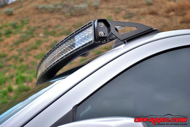 A Rigid Industries 54-inch RDS light bar is fitted to the Sierra using SoCal SuperTrucks mounting brackets. The curved LED bar features 108 LEDs that pump out 28242 raw lumens and are protected with an unbreakable polycarbonate lens.