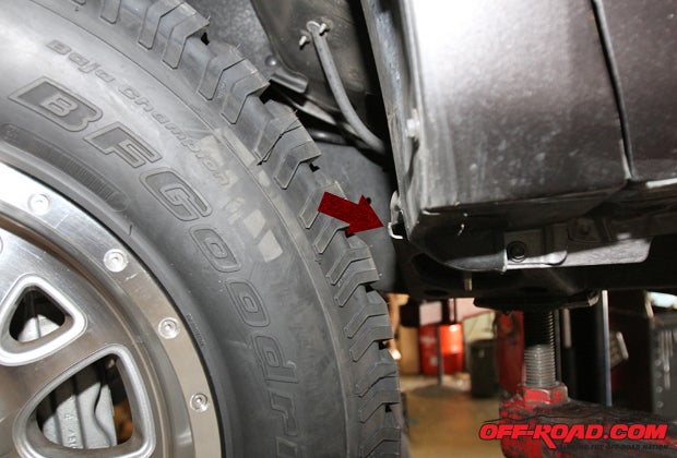 Shown in this image is where the tire clearance was an issue after our suspension upgrades.